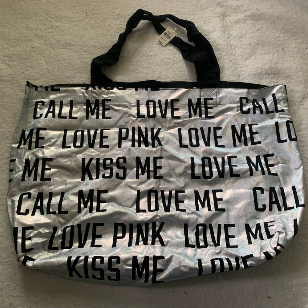 PINK Victoria's Secret Metallic Silver Black Text Tote